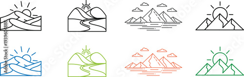 Collection of stylized mountain range illustrations in various colors