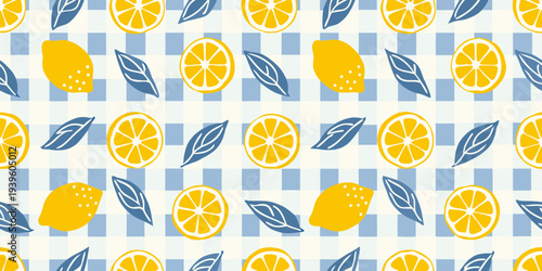 A cheerful pattern featuring lemons oranges leaves and blue gingham