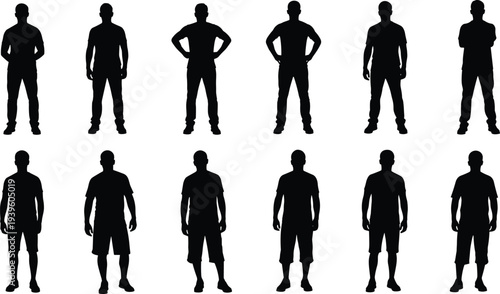 Male standing silhouette set with casual and formal poses, human body outline vector isolated on white background illustration
