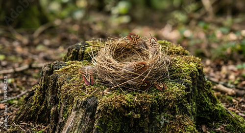 Natural empty bird nest with colorful feathers resting on green mossy tree stump in spring forest