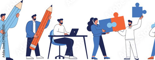 Collaborative Business Team Working Together Using Giant Pencils and Jigsaw Puzzle Pieces Representing Creative Problem Solving Synergy Professional Cooperation Innovation and Effective Workplace 