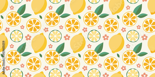 Bright and cheerful pattern featuring lemons limes and floral accents
