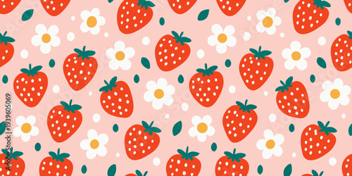 A cheerful pattern of strawberries daisies and green leaves on pink