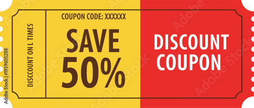 Stylized promotional discount coupon design with ticket layout, bold red and yellow sections, save 50 percent offer, and editable code for marketing campaigns.
