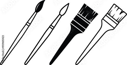 Vector illustration of assorted paintbrush types including round and flat tips, outlined and filled styles, creative art tools for painting, drawing, and design projects.