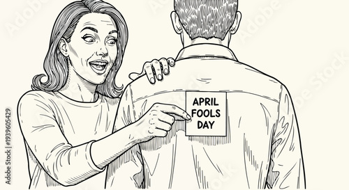 Woman laughing at April Fools prank note on man back sketch