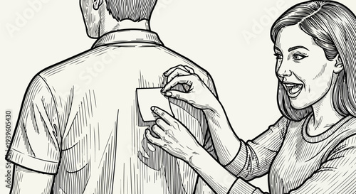 Woman pranking man with blank note on back sketch illustration