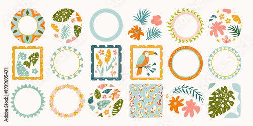 Colorful botanical illustrations arranged in various circular and square frames