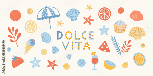 Colorful summer illustration featuring fruit shells and beach themed objects