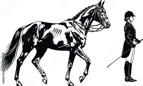 Dressage horse with rider silhouette, elegant equestrian training vector illustration isolated on white background for sport and equine design