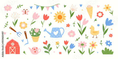 Colorful spring illustrations featuring flowers gardening tools and farm elements