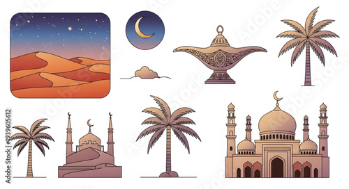 Silhouettes of Desert Landscape and Islamic Architecture.