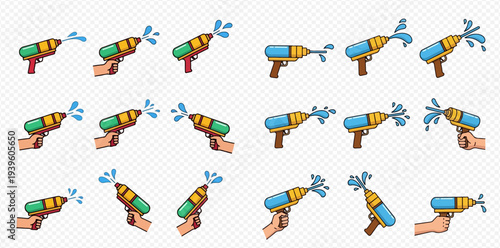 Set of colorful water guns with splashing water, held by hands, for summer fun and games.