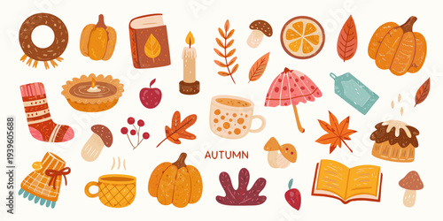A colorful collection of autumn themed illustrations and seasonal elements