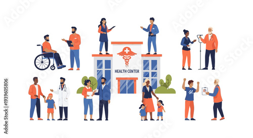 Community Health Center: Diverse Patients & Medical Staff Interact for Comprehensive Healthcare, Wellness, & Support Services