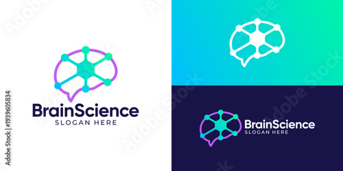 Creative modern brain science logo template. Brainwith dot connection, molecule neuron symbol logo design vector illustration.