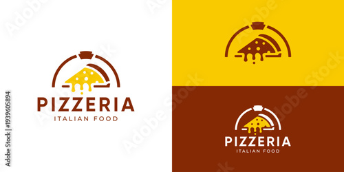 Creative simple pizzeria logo template. Pizza, italian food, fast food logo design vector illustration.