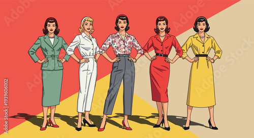 Retro fashion women characters vector set stylish vintage female models wearing elegant outfits standing confident illustration