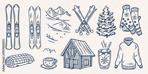 Winter themed sketch featuring skis cabin and cozy seasonal items