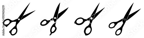 Set of four black scissors cutting vector illustration, flat design isolated on white background, minimalist office and craft tools graphic