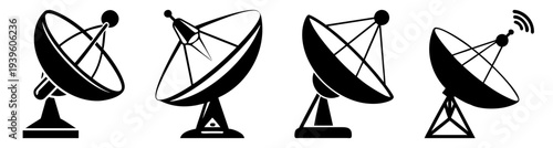 Three satellite dishes communication antennas isolated vector illustration flat design scalable graphic
