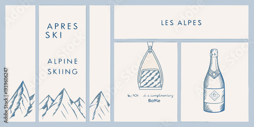 Apr s ski themed graphic with mountains text and champagne bottles