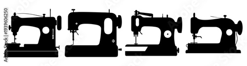 Set of five vintage black sewing machines flat design vector illustration isolated on white background