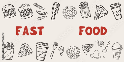 A doodle illustration featuring various types of fast food items