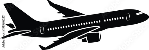 Airplane silhouette vector illustration, commercial passenger aircraft flying side view, black isolated jet icon, travel aviation transport symbol