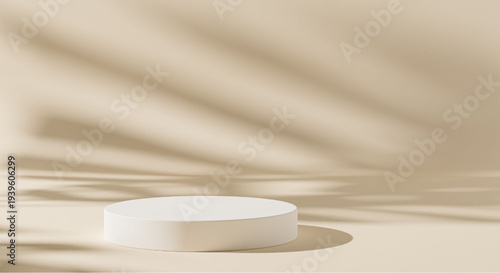 Minimalist white podium on beige background with soft shadows