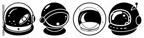 Four retro space helmets futuristic astronaut gear isolated vector illustration flat design