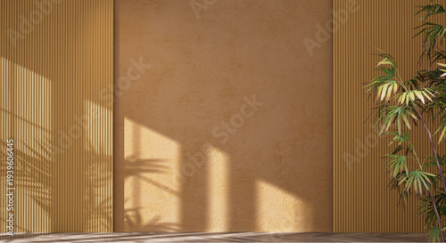 Modern interior design with empty wall and tropical plant