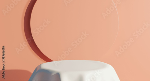 Minimalist white cylinder and circular frame on peach background