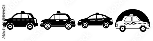 Classic black taxi cabs line up in row flat design vector illustration isolated on white background