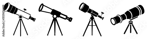 Set of four telescopes on tripods outdoor stargazing astronomy exploration vector illustration