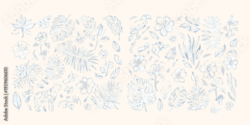 Tropical botanical illustration with birds flowers and a jaguar sketch