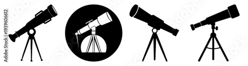 Three telescopes observing night sky with moon and stars vector illustration flat design