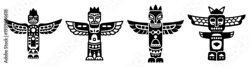 Set of five Native American totem pole birds vector illustration, tribal art, black and white flat design, cultural symbols scalable graphic
