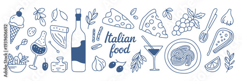 Italian Food Icons: Pasta Pizza Wine Ice Cream Grapes Olives GarlicHand Drawn Doodle Style