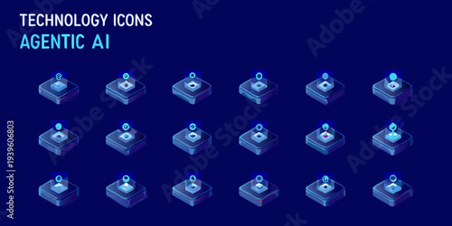 Isometric technology icons depicting agentic ai and digital intelligence