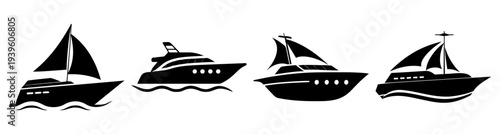 Four different types of boats and yachts sailing on water flat design vector illustration