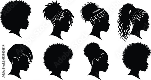 Black women hairstyle silhouette vector set, afro curly bun braids ponytail profiles, beauty fashion hair icons, diverse female heads