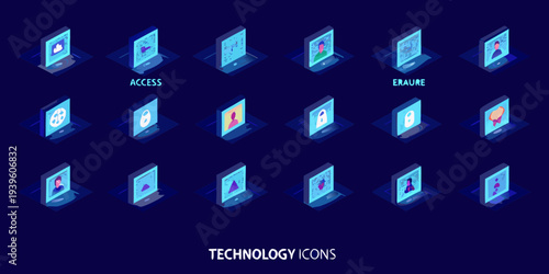 Isometric security and access control technology icons in blue tones