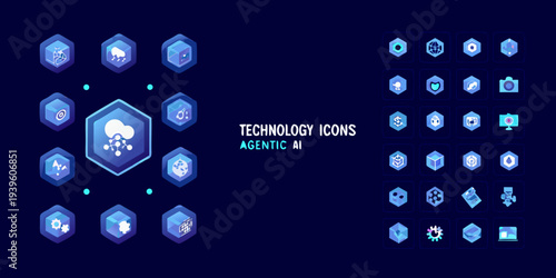 Collection of vibrant blue technology icons on a dark background