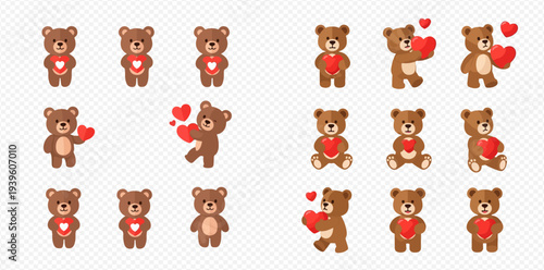 Set of cute teddy bear characters holding red hearts, perfect for Valentine's Day or love-themed designs.