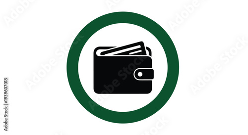 A minimalist icon of a black wallet with cash sticking out, encircled by a green circle on a white background.
