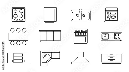 Kitchen Furniture Top View Floor Plan Icon Set Blueprint Interior Design Vector