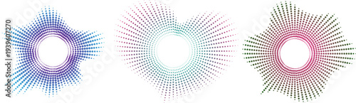 Abstract circular halftone burst shapes with colorful gradient dot patterns on transparent background Abstract gradient dot radial waves, colorful circular burst design elements