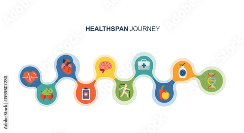 Healthspan Journey Infographic: Holistic Health, Wellness & Longevity Icons. Comprehensive Medical, Lifestyle & Genetic Factors