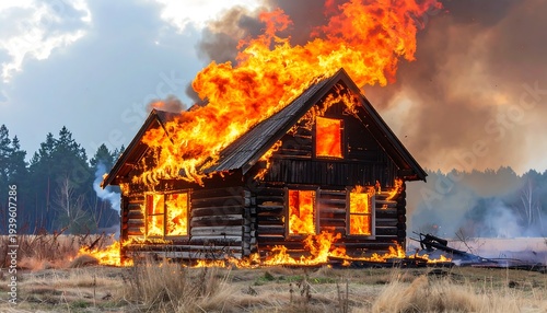 Wooden cabin consumed by intense flames, billowing smoke rises against a rural, tree-lined backdrop under a pale sky